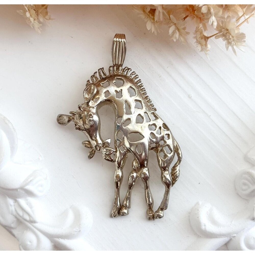Sterling Silver Hand Wrought Cutout Giraffe Figural Jumbo Vintage Pendant